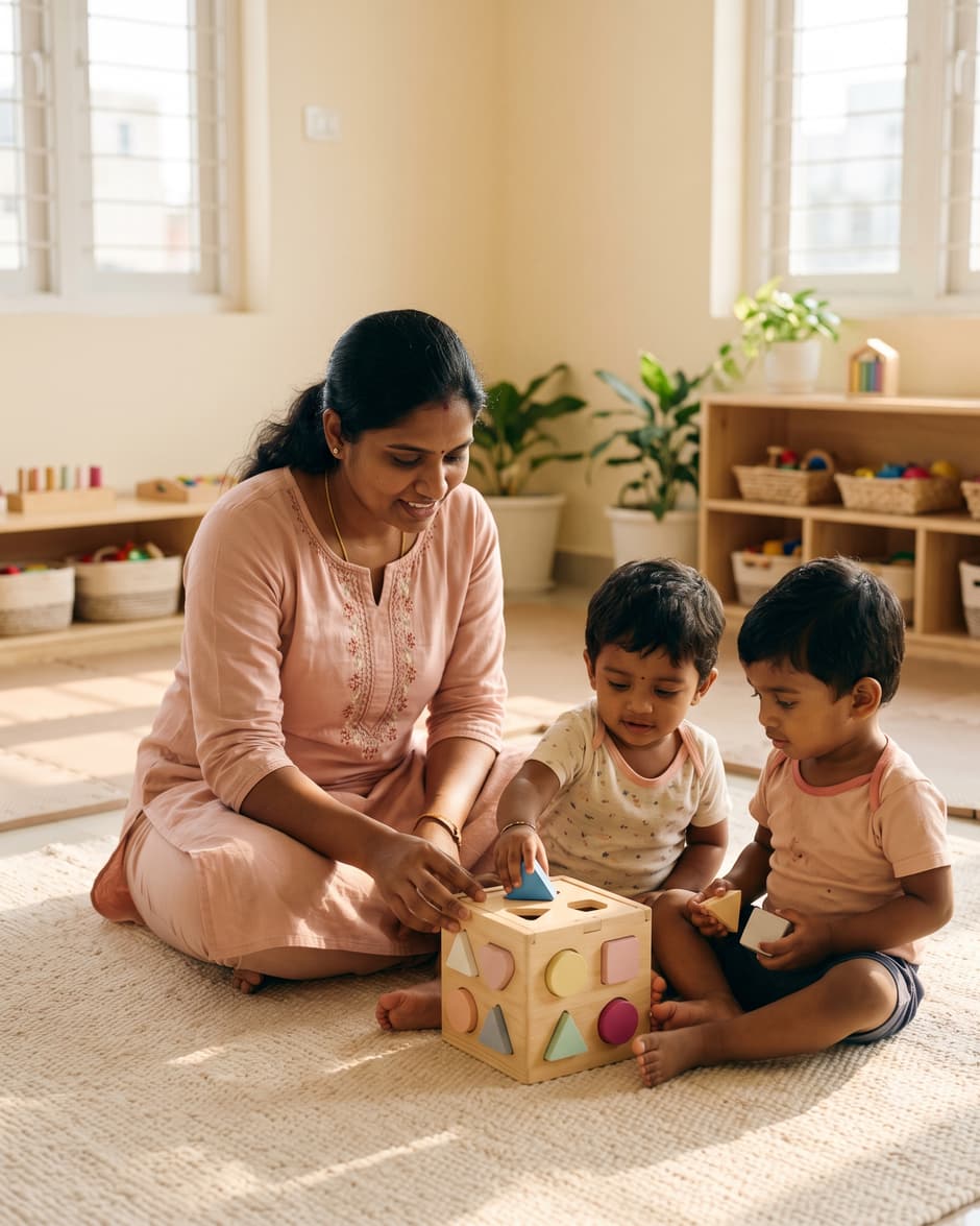 Caregiver sitting on the floor playing with two toddlers in a sunlit room at Tiny Cradle