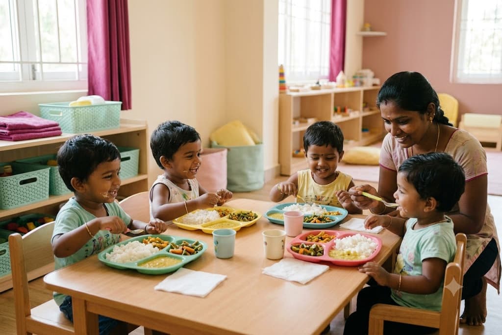 Toddlers eating a healthy lunch together at a low table during the daily routine at Tiny Cradle
