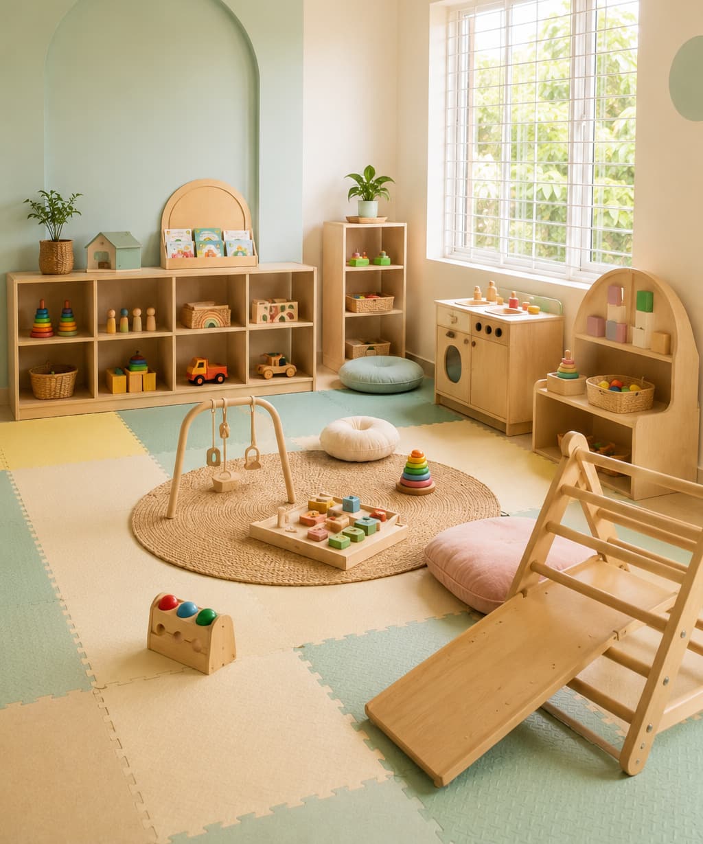 Bright, clean and colourful play area with soft flooring inside the Tiny Cradle centre in Lawspet, Puducherry