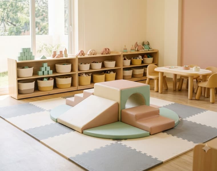 Bright indoor play area with soft anti-skid flooring and low shelves of toys at Tiny Cradle