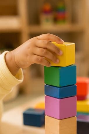 Toddler hands stacking wooden blocks into a tall tower