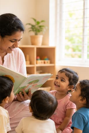 Children sitting in a circle listening to a caregiver read a picture book