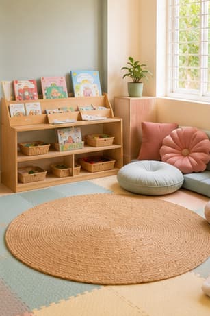 Sunlit classroom corner with soft mats and low bookshelves at Tiny Cradle Puducherry