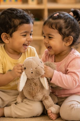 Two toddlers laughing together while sharing a toy