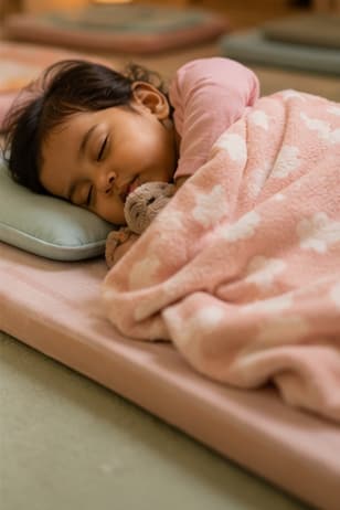 Toddler sleeping peacefully on an individual nap mat with a soft blanket