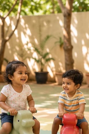 Toddlers playing happily in a shaded outdoor play space