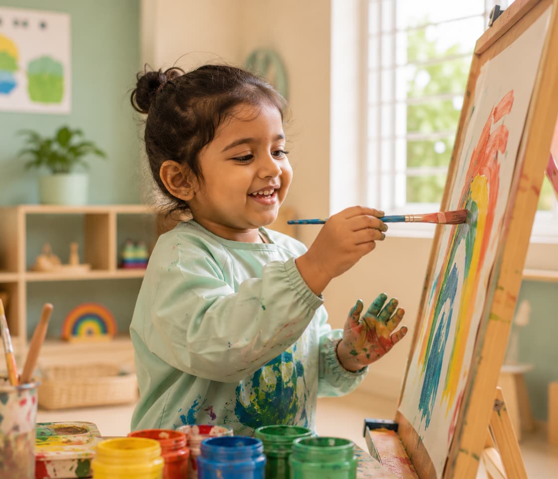 Preschool child painting with bright colours at an easel during an early activity session at Tiny Cradle