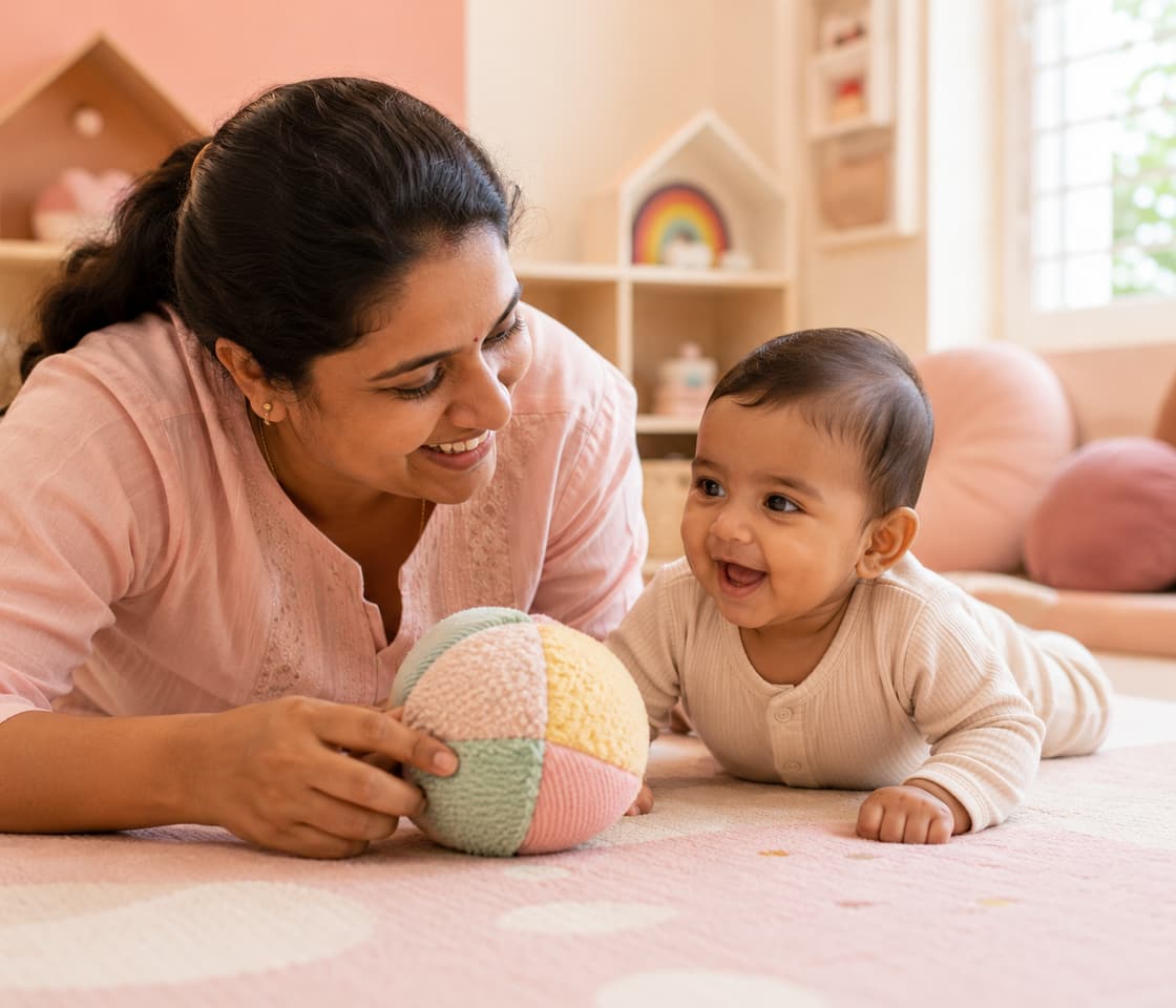 Caregiver holding a smiling baby during tummy time on a soft play mat at Tiny Cradle infant care in Puducherry