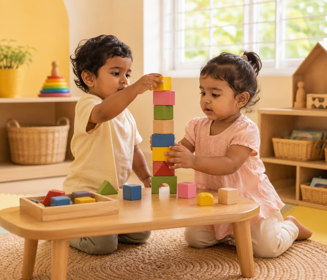 Toddlers stacking colourful wooden blocks together at a low table in a bright Tiny Cradle playroom