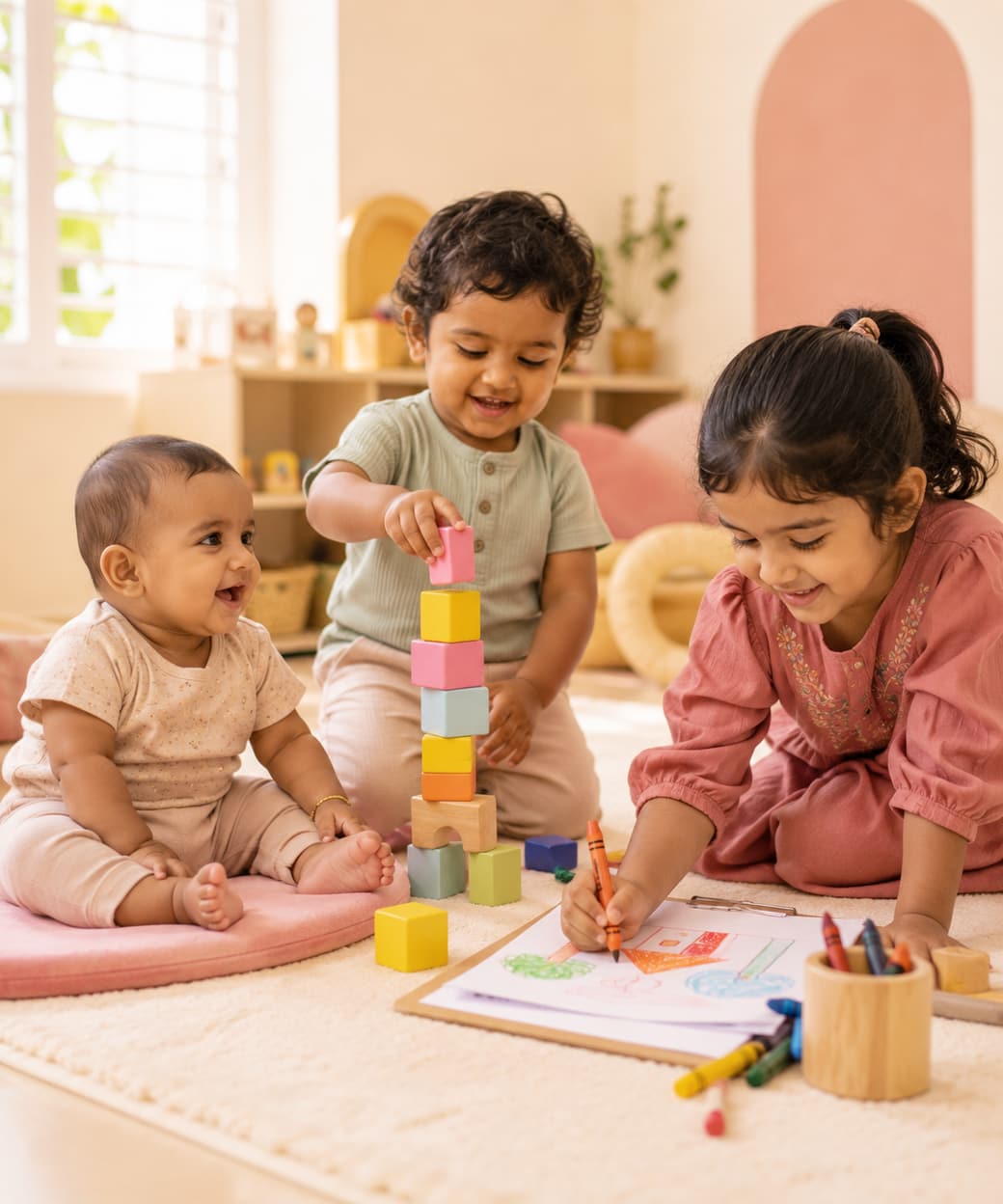 Children of different ages engaged in play-based learning activities at Tiny Cradle Puducherry